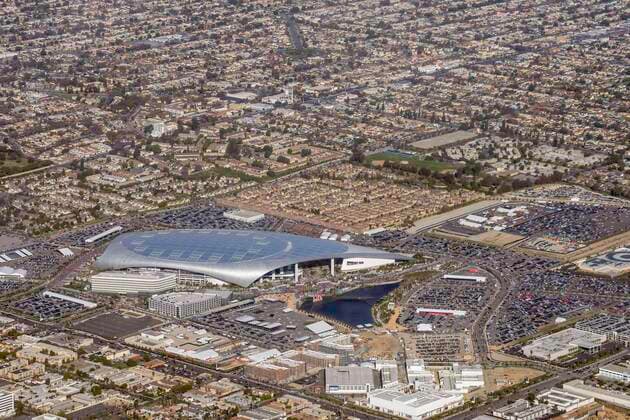 January 30, 2022, Inglewood, California, USA: An aerial view of SoFi Stadium, the home of the Rams and Chargers in Los Angeles during the NFC championship game. SoFi Stadium In Inglewood  - ZUMA 20220130_spo_hz1_022 Copyright: xMarkxHoltzmanx