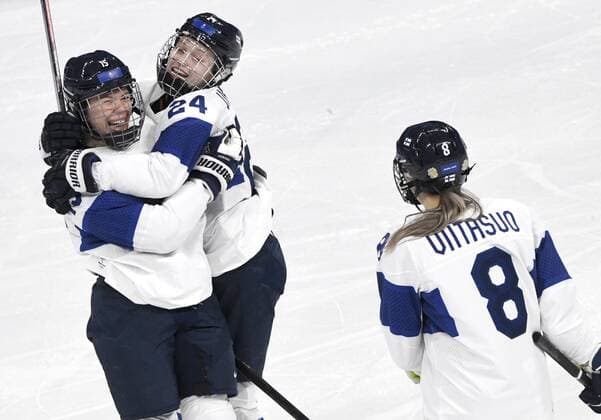 Minnamari Tuominen (15), Viivi Vainika (24) and Ella Viitasuo of Finland celebrating goal against Canada during women s Ice hockey, Eishockey preliminary round group A match between Finland and Canada at the Beijing Winter Olympic Games, Olympische Spiele, Olympia, OS in Wukesong Sports Centre in Beijing on February 5, 2022. Beijing China LKLAPJ20220205063639O241  Copyright: xJussixNukarix