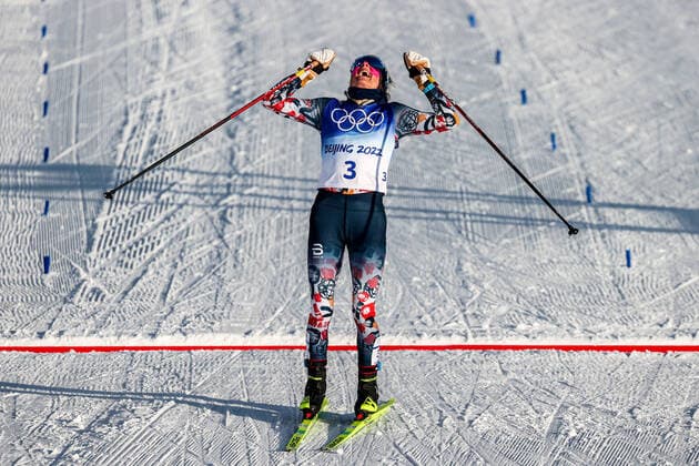 ZHANGJIAKOU, CHINA â€“ FEBRUARY 5, 2022: Cross-country skier Therese Johaug of Norway reacts as she wins the women s 7.5km + 7.5km skiathlon race during the Beijing 2022 Winter Olympic Games, Olympische Spiele, Olympia, OS at the National Cross-Country Skiing Centre. Sergei Bobylev TASS  TS12166E