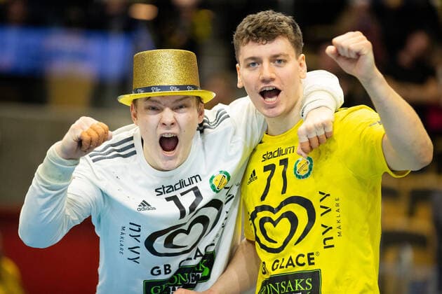 220205 Sävehofs goalkeeper Simon Möller and Elias Ellefsen Ã Skipagotu rejoice after final 2 in the Swedish Cup between Sävehof and Lugi on 5 February 2022 in Partille,  Copyright: MICHAELxERICHSEN BB220205MI038
