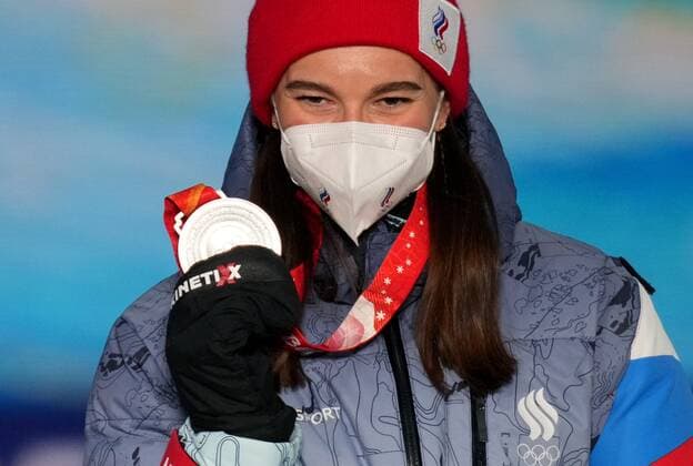 China Olympics 2022 Medal Ceremony 8106066 06.02.2022 Silver medalist Russian Olympic Committee s Natalia Nepryaeva celebrates on the podium during the medal ceremony for the women s cross-country skiathlon 2x7.5 km event of the Beijing 2022 Winter Olympic Games, Olympische Spiele, Olympia, OS at the Medals Plaza in Zhangjiakou, China. Ramil Sitdikov Sputnik Beijing China  Copyright: xRamilxSitdikovx