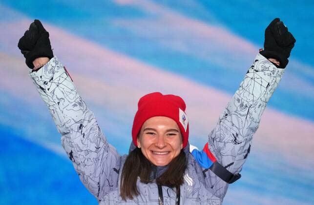 China Olympics 2022 Medal Ceremony 8106063 06.02.2022 Silver medalist Russian Olympic Committee s Natalia Nepryaeva celebrates on the podium during the medal ceremony for the women s cross-country skiathlon 2x7.5 km event of the Beijing 2022 Winter Olympic Games, Olympische Spiele, Olympia, OS at the Medals Plaza in Zhangjiakou, China. Ramil Sitdikov Sputnik Beijing China  Copyright: xRamilxSitdikovx