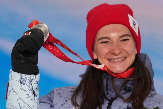 China Olympics 2022 Medal Ceremony 8106091 06.02.2022 Silver medalist Russian Olympic Committee s Natalia Nepryaeva celebrates on the podium during the medal ceremony for the women s cross-country skiathlon 2x7.5 km event of the Beijing 2022 Winter Olympic Games, Olympische Spiele, Olympia, OS at the Medals Plaza in Zhangjiakou, China. Ramil Sitdikov Sputnik Beijing China  Copyright: xRamilxSitdikovx