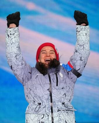 China Olympics 2022 Medal Ceremony 8106098 06.02.2022 Silver medalist Russian Olympic Committee s Natalia Nepryaeva celebrates on the podium during the medal ceremony for the women s cross-country skiathlon 2x7.5 km event of the Beijing 2022 Winter Olympic Games, Olympische Spiele, Olympia, OS at the Medals Plaza in Zhangjiakou, China. Ramil Sitdikov Sputnik Beijing China  Copyright: xRamilxSitdikovx
