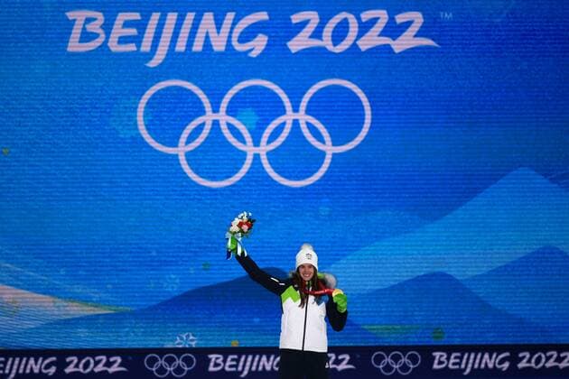China Olympics 2022 Medal Ceremony 8106109 06.02.2022 Gold medalist Slovenia s Ursa Bogataj celebrates on the podium during the medal ceremony for the Ski jumping, Skispringen, Ski, nordisch women s normal hill individual event of the Beijing 2022 Winter Olympic Games, Olympische Spiele, Olympia, OS at the Medals Plaza in Zhangjiakou, China. Ramil Sitdikov Sputnik Beijing China  Copyright: xRamilxSitdikovx