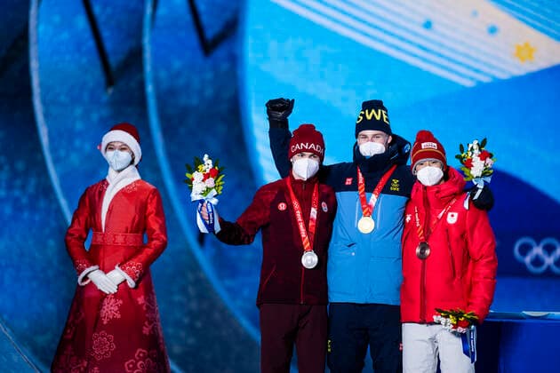 220206 Mikael Kingsbury of Canada, Walter Wallberg of Sweden and Ikuma Horishima of Japan celebrate at the medal ceremony for men s moguls during day 2 of the 2022 Winter Olympics on February 6, 2022 in Zhangjiakou Photo Joel Marklund BILDBYRAN kod JM JM0272 bbeng olympic games olympics winter olympics os ol olympics games winter os olympics peking peking Beijing 2022 beijing 2022 beijing 2022 olympic games beijing 2022 winter olympic games peking os beijing ol winter ol medal ceremony medal ceremony medal ceremony sweden jubilee gold,  Copyright: JOELxMARKLUND BB220206JM057