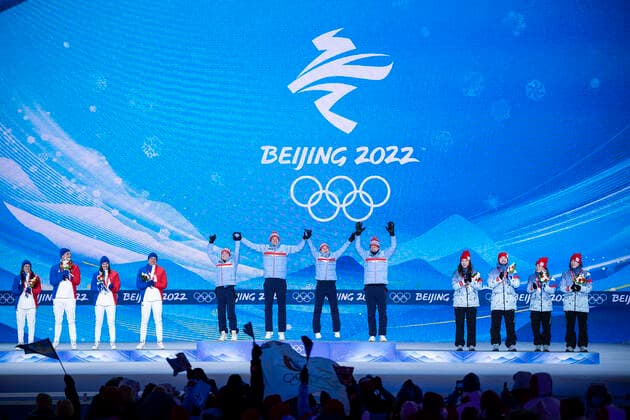 220206 Anais Ouchet Chevalier, Julia Simon, Emilien Jacquelin and Quentin Maillet Fillon of France, Tiril Eckhoff, Marte Olsbu Roeiseland, Tarjei Boe of and Johannes Thingnes Boe of Norway, Uliana Nigmatullina, Kristina Reztsova, Alexander Loginov and Eduard Latypov of ROC Russia celebrate at the medal ceremony for biathlon mixed relay during day 2 of the 2022 Winter Olympics on February 6, 2022 in Zhangjiakou Photo Joel Marklund BILDBYRAN kod JM JM0272 bbeng olympic games olympics winter olympics os ol olympiska spel vinter os olympiske leker peking peking peking 2022 beijing 2022 beijing 2022 olympic games beijing 2022 winter olympic games peking os beijing ol vinter ol medaljceremoni medaljeseremoni medal ceremony norge, Copyright: JOELxMARKLUND BB220206JM065