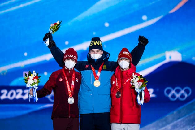 220206 Mikael Kingsbury of Canada, Walter Wallberg of Sweden and Ikuma Horishima of Japan celebrate at the medal ceremony for men s moguls during day 2 of the 2022 Winter Olympics on February 6, 2022 in Zhangjiakou Photo Joel Marklund BILDBYRAN kod JM JM0272 bbeng olympic games olympics winter olympics os ol olympics games winter os olympics peking peking Beijing 2022 beijing 2022 beijing 2022 olympic games beijing 2022 winter olympic games peking os beijing ol winter ol medal ceremony medal ceremony medal ceremony sweden jubilee gold,  Copyright: JOELxMARKLUND BB220206JM070