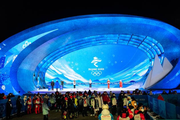 OLYMPICS - Winter Olympic Games, Olympische Spiele, Olympia, OS Beijing 2022 ZHANGJIAKOU,CHINA,06.FEB.22 - OLYMPICS, NORDIC SKIING, CROSS COUNTRY SKIING - Winter Olympic Games Beijing 2022, skiathlon, ladies, award ceremony. Image shows the rejoicing of Natalia Nepryaeva (RUS), Therese Johaug (NOR) and Teresa Stadlober (AUT). GEPAxpictures xMaticxKlansek