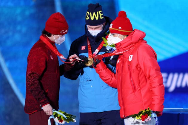 (L-R) Mikael Kingsbury (CAN), Walter Wallberg (SWE), Ikuma Horishima (JPN), FEBRUARY 6, 2022 - Freestyle Skiing : Men s Moguls Medal Ceremony during the Beijing 2022 Olympic Winter games, Winterspiele,Spiele, Summer games at Zhangjiakou Medal Plaza in Zhangjiakou, Hebei, China.  (180020725)