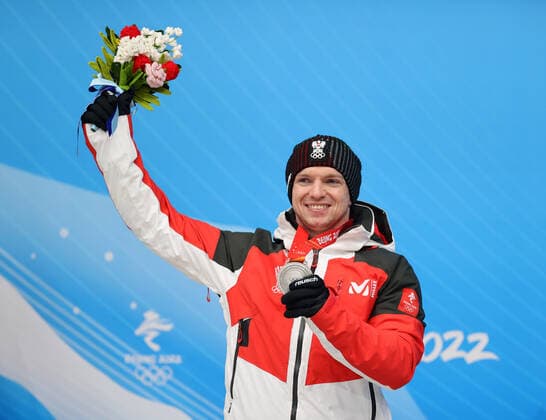 (220206) -- BEIJING, Feb. 6, 2022 -- Silver medallist Austria s Wolfgang Kindl celebrates during the awarding ceremony after Men s Singles Run of luge event at the Yanqing National Sliding Centre in Yanqing district of Beijing, capital of China, Feb. 6, 2022. ) (BEIJING2022)CHINA-BEIJING-YANQING-OLYMPIC Winter games, Winterspiele,Spiele, Summer games LUGE-MEN S SINGLES-FINAL(CN) YaoxJianfeng 