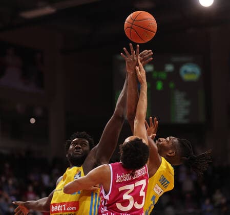 Bonn, Germany 06 02 2022, Basketball Bundesliga, 20 Matchday, BBL, Telekom Baskets Bonn vs Alba Berlin, Christ Koumadje Alba , Parker Jackson Cartwright Bonn , Jaleen Smith Alba