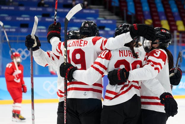 BEIJING, CHINA - FEBRUARY 7, 2022: Players of Canada celebrate scoring in a women s Group A Ice hockey, Eishockey match against the ROC Team at the 2022 Winter Olympic Games, Olympische Spiele, Olympia, OS at the Wukesong Sports Centre. Anton Novoderezhkin TASS  TS121AE6
