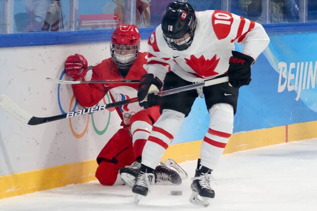 BEIJING, CHINA - FEBRUARY 7, 2022: Polina Bolgareva (L) of the ROC Team and Sarah Fillier of Canada fight for the puck in their women s Group A Ice hockey, Eishockey match at the 2022 Winter Olympic Games, Olympische Spiele, Olympia, OS at the Wukesong Sports Centre. Anton Novoderezhkin TASS  TS121B06