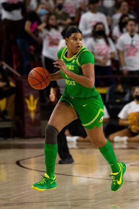 TEMPE, AZ - FEBURARY 6: Oregon Forward Nyara Sabally (1) runs down the court during a women s basketball game between the Oregon Ducks and the Arizona State Sun Devils on February 6, 2022, at Desert Financial Arena in Tempe, AZ. (Photo by Zac BonDurant Icon Sportswire) COLLEGE BASKETBALL: FEB 06 Women™s - Oregon at Arizona State Icon2202060403