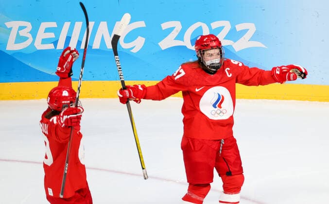 BEIJING, CHINA - FEBRUARY 7, 2022: Players of the ROC Team celebrate scoring in a women s Group A Ice hockey, Eishockey match against Canada at the 2022 Winter Olympic Games, Olympische Spiele, Olympia, OS at the Wukesong Sports Centre. Anton Novoderezhkin TASS  TS121B33