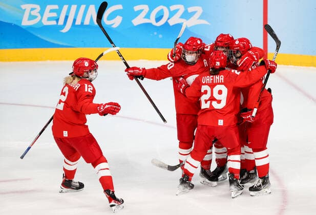 BEIJING, CHINA - FEBRUARY 7, 2022: Players of the ROC Team celebrate scoring in a women s Group A Ice hockey, Eishockey match against Canada at the 2022 Winter Olympic Games, Olympische Spiele, Olympia, OS at the Wukesong Sports Centre. Anton Novoderezhkin TASS  TS121B34