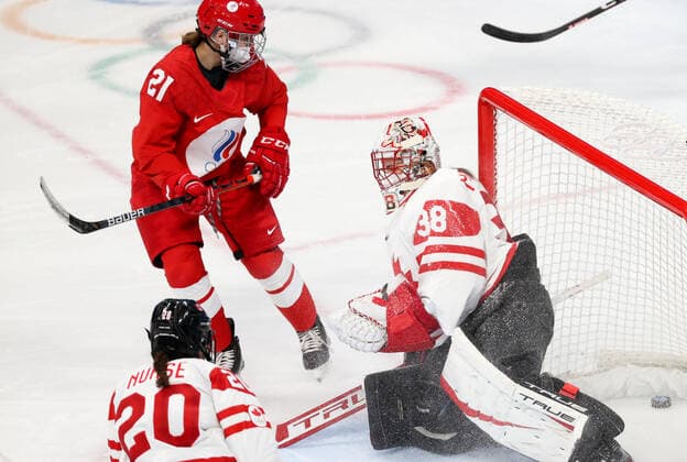 BEIJING, CHINA - FEBRUARY 7, 2022: Goalie Emerance Maschmeyer of Canada concedes a goal in a women s Group A Ice hockey, Eishockey match against the ROC Team at the 2022 Winter Olympic Games, Olympische Spiele, Olympia, OS at the Wukesong Sports Centre. Anton Novoderezhkin TASS  TS121B36