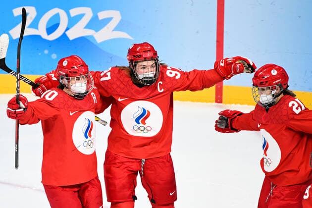 China Olympics 2022 Ice hockey, Eishockey Women ROC - Canada 8106767 07.02.2022 From left, Russian Olympic Committee s Anna Shibanova, Anna Shokhina and Polina Bolgareva celebrate a goal in the ice hockey women s preliminary round group A match between the Russian Olympic Committee s team and Canada during the Beijing 2022 Winter Olympic Games, Olympische Spiele, Olympia, OS at Wukesong Sports Centre in Beijing, China. Vladimir Astapkovich Sputnik Beijing China  Copyright: xVladimirxAstapkovichx