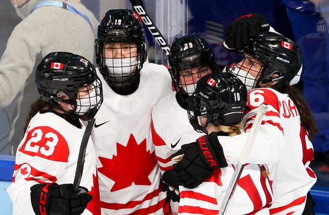BEIJING, CHINA - FEBRUARY 7, 2022: Players of Canada celebrate scoring in a women s Group A Ice hockey, Eishockey match against the ROC Team at the 2022 Winter Olympic Games, Olympische Spiele, Olympia, OS at the Wukesong Sports Centre. Anton Novoderezhkin TASS  TS121B4B