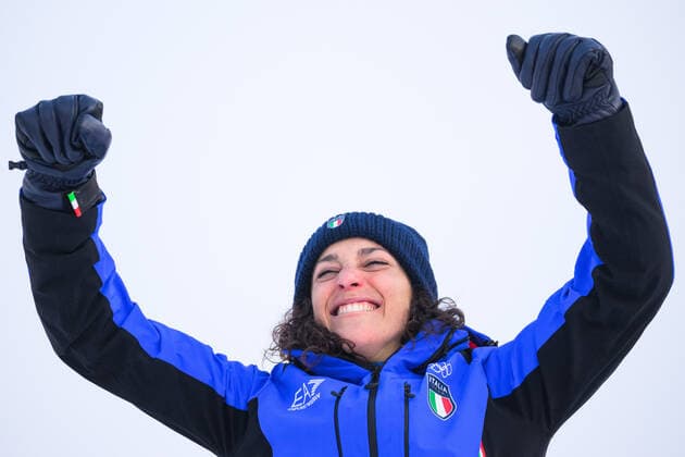 220207 Federica Brignone of Italy celebrates during the medal ceremony after womens alpine skiing giant slalom during day 3 of the 2022 Winter Olympics on February 7, 2022 in Yanqing Photo Maxim Thore PICTURE CODE MT MT0307 alpine alpine olympic games olympics winter olympics os ol olympiska games winter os olympic games peking peking 2022 beijing 2022 beijing 2022 olympic games beijing 2022 winter olympic games beijing os beijing ol winter ol 3 bbeng giant slalom day 3 dam celebration jubilation,  Copyright: MAXIMxTHORE BB220207MT145