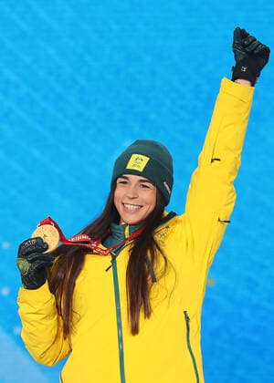 ZHANGJIAKOU, CHINA - FEBRUARY 7, 2022: Athlete Jakara Anthony of Australia celebrates her gold medal during the women s moguls victory ceremony at the Medal Plaza as part of the 2022 Winter Olympic Games, Olympische Spiele, Olympia, OS Sergei Bobylev TASS  TS121C92