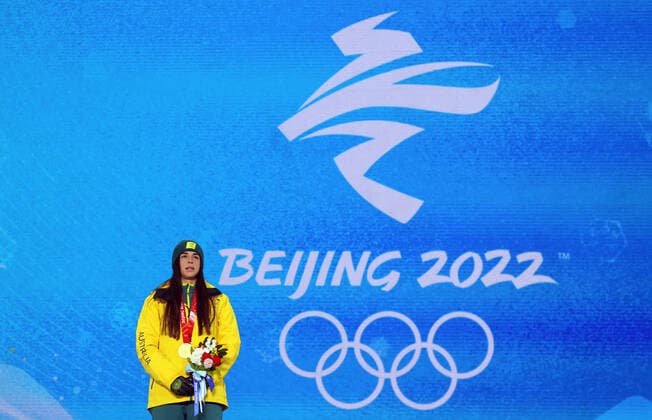 ZHANGJIAKOU, CHINA - FEBRUARY 7, 2022: Athlete Jakara Anthony of Australia celebrates her gold medal during the women s moguls victory ceremony at the Medal Plaza as part of the 2022 Winter Olympic Games, Olympische Spiele, Olympia, OS Sergei Bobylev TASS  TS121C93