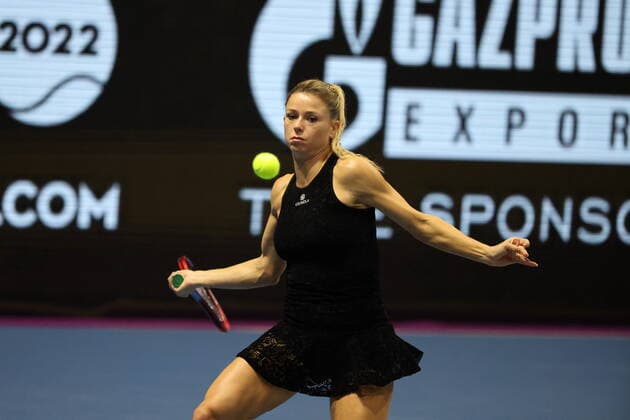 Saint Petersburg, Russia - 07 february 2022: Ekaterina Alexandrova of Russia play against Camila Giorgi of Italy during the St.Petersburg Ladies Trophy 2022 tennis tournament. Camila Giorgi MaksimxKonstantinov