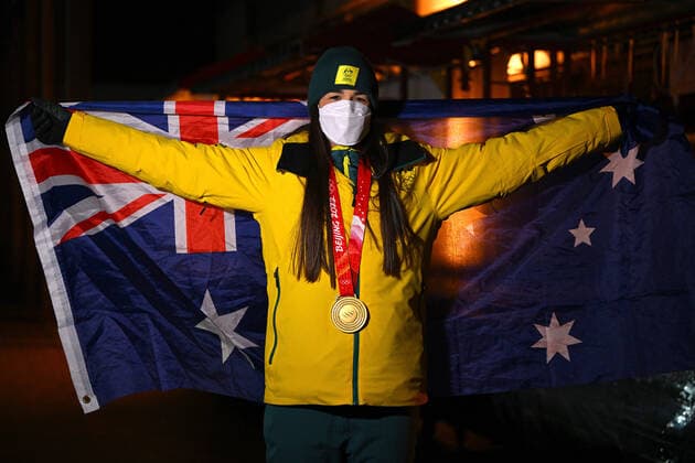 BEIJING WINTER OLYMPICS 2022, Jakara Anthony of Australia poses for a photograph after receiving her gold medal for the Women?s Moguls, at Zhangjiakou, during the 2022 Beijing Winter Olympic Games, Olympische Spiele, Olympia, OS in Beijing, China, Monday, February 7, 2022. ( NO ARCHIVING, EDITORIAL USE ONLY, NO USE IN BOOKS WITHOUT CONSENT BEIJING HEBEI CHINA  Copyright: xDANxHIMBRECHTSx 20220208001620996303