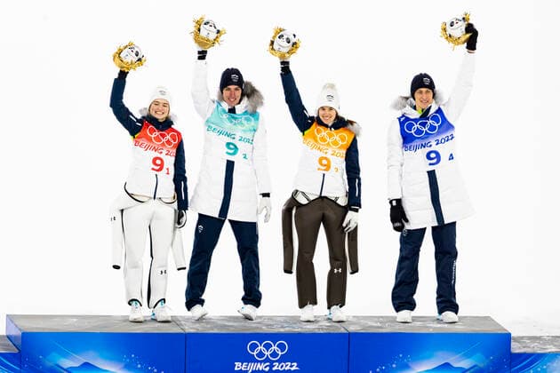 OLYMPICS - Winter Olympic Games, Olympische Spiele, Olympia, OS Beijing 2022 ZHANGJIAKOU,CHINA,07.FEB.22 - OLYMPICS, NORDIC SKIING, Ski jumping, Skispringen, Ski, nordisch - Winter Olympic Games Beijing 2022, normal hill, mixed team event. Image shows Nika Kriznar, Timi Zajc, Ursa Bogataj and Peter Prevc (SLO).  GEPAxpictures xPatrickxSteiner