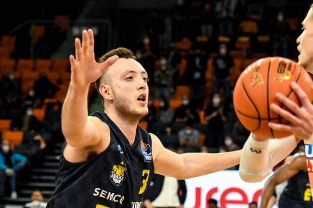 GER, BBL, ratiopharm ulm vs EWE Baskets Oldenburg 07 02 2022, ratiopharm arena, Neu Ulm, GER, BBL, ratiopharm ulm vs EWE Baskets Oldenburg, pictured Max Heidegger Oldenburg, 3 nordphotoxGmbHx xHafner nph00200