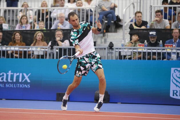 Tennis, ATP-Turnier in Dallas DALLAS, TX - FEBRUARY 07: Aleksandr Nedovyesov (KAZ) hits a forehand during the first round of the Dallas Open on February 7, 2022 at the Styslinger Altec Tennis Complex in Dallas, TX. (Photo by George Walker Icon Sportswire) TENNIS: FEB 07 Dallas Open Icon22020753