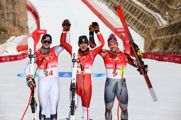 Bilder des Jahres 2022, Sport 02 Februar Sport Themen der Woche KW06 OLYMPICS - Winter Olympic Games, Olympische Spiele, Olympia, OS Beijing 2022 YANQING,CHINA,08.FEB.22 - OLYMPICS, ALPINE SKIING - Winter Olympic Games Beijing 2022, Super G, men, award ceremony. Image shows Ryan Cochran-Siegle (USA), Matthias Mayer (AUT) and Aleksander Aamodt Kilde (NOR). keywords: medal. GEPA pictures Harald Steiner  GEPAxpictures xHaraldxSteiner