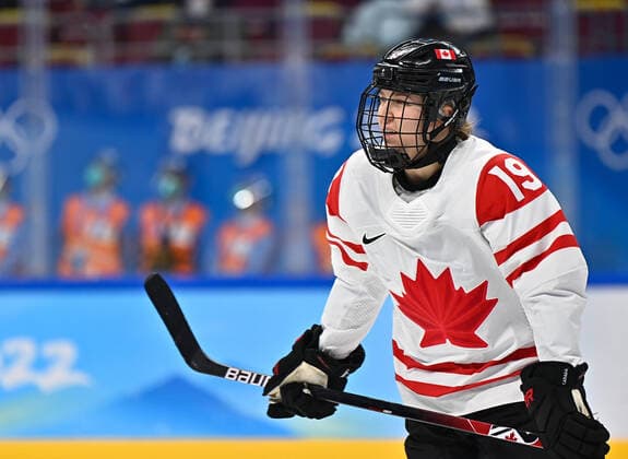 (220208) -- BEIJING, Feb. 8, 2022 -- Brianne Jenner of Canada reacts after scoring during the Ice hockey, Eishockey women s preliminary round group A match between Canada and the United States at Wukesong Sports Centre in Beijing, capital of China, Feb. 8, 2022. ) (BEIJING2022)CHINA-BEIJING-OLYMPIC Winter games, Winterspiele,Spiele, Summer games ICE HOCKEY-WOMEN S PRELIMINARY-CANADA VS U.S. (CN) SongxYanhua 