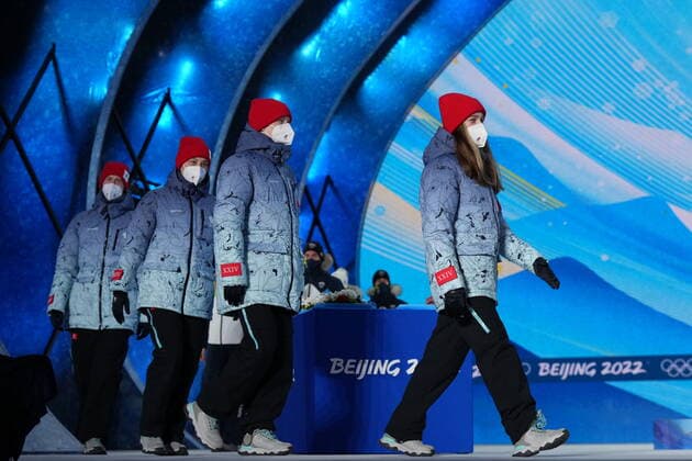 China Olympics 2022 Medal Ceremony 8108113 08.02.2022 Silver medalists Russian Olympic Committee s Irma Makhinia, Danil Sadreev, Irina Avvakumova, Evgeniy Klimov arrive for the the Ski jumping, Skispringen, Ski, nordisch mixed team medal ceremony during the Beijing 2022 Winter Olympic Games, Olympische Spiele, Olympia, OS at the Medals Plaza in Zhangjiakou, China. Ramil Sitdikov Sputnik Beijing China Copyright: xRamilxSitdikovx