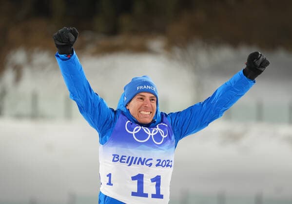 (220208) -- ZHANGJIAKOU, Feb. 8, 2022 -- Quentin Fillon Maillet of France celebrates after winning the first place of biathlon men s 20km individual at National Biathlon Centre in Zhangjiakou, north China s Hebei Province, Feb. 8, 2022. ) (BEIJING2022)CHINA-ZHANGJIAKOU-OLYMPIC Winter games, Winterspiele,Spiele, Summer games BIATHLON-MEN S 20KM INDIVIDUAL (CN) PengxZiyang 