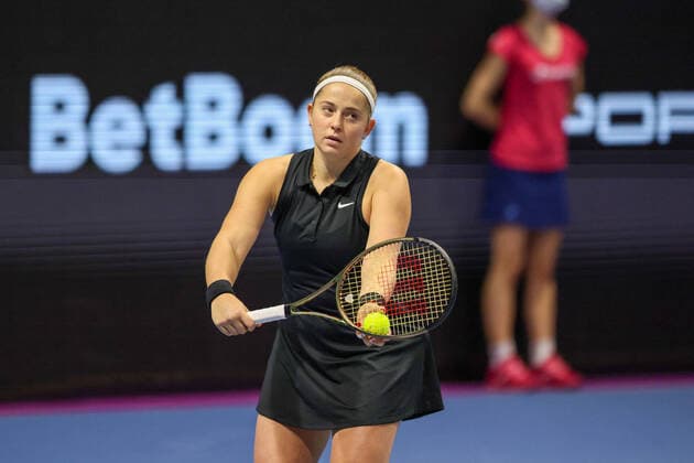 February 8, 2022, Saint Petersburg, Russia: Jelena Ostapenko of Latvia playing against Xinyu Wang of China during the St.Petersburg Ladies Trophy 2022 tennis tournament..Final score: Saint Petersburg Russia - ZUMAs197 20220208_zaa_s197_090 Copyright: xMaksimxKonstantinovx