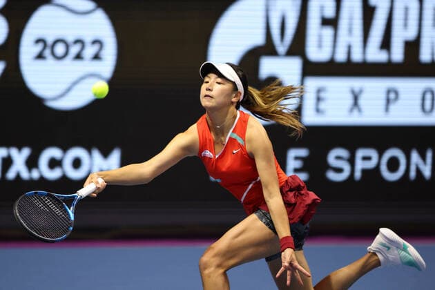 February 8, 2022, Saint Petersburg, Russia: Xinyu Wang of China playing against Jelena Ostapenko of Latvia during the St.Petersburg Ladies Trophy 2022 tennis tournament..Final score: Saint Petersburg Russia - ZUMAs197 20220208_zaa_s197_095 Copyright: xMaksimxKonstantinovx