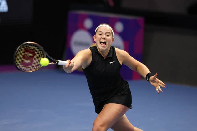 February 8, 2022, Saint Petersburg, Russia: Jelena Ostapenko of Latvia playing against Xinyu Wang of China during the St.Petersburg Ladies Trophy 2022 tennis tournament..Final score: Saint Petersburg Russia - ZUMAs197 20220208_zaa_s197_107 Copyright: xMaksimxKonstantinovx