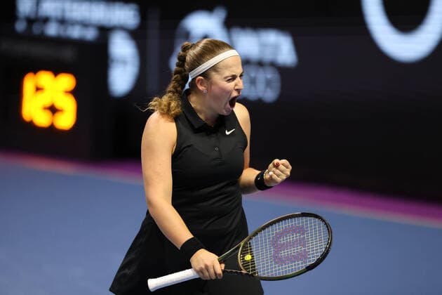 February 8, 2022, Saint Petersburg, Russia: Jelena Ostapenko of Latvia playing against Xinyu Wang of China during the St.Petersburg Ladies Trophy 2022 tennis tournament..Final score: Saint Petersburg Russia - ZUMAs197 20220208_zaa_s197_108 Copyright: xMaksimxKonstantinovx