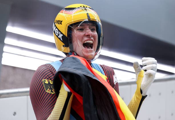 OLYMPICS - Winter Olympic Games, Olympische Spiele, Olympia, OS Beijing 2022 YANQING,CHINA,08.FEB.22 - OLYMPICS, LUGE - Winter Olympic Games Beijing 2022, singles, ladies. Image shows the rejoicing of Natalie Geisenberger (GER).  GEPAxpictures xHaraldxSteiner