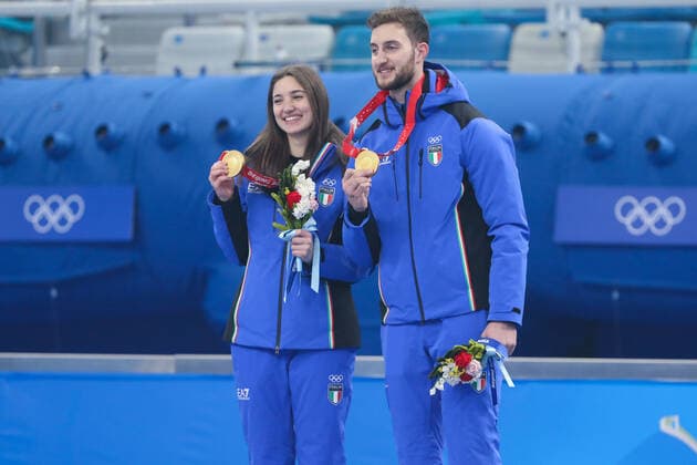 February 8, 2022, Beijing, Hebei, China: STEFANIA CONSTANTINI and AMOS MOSANER of Italy win the Mixed Doubles Gold Medal at the National Aquatics Centre on February 8th 2022 in Beijing, China Beijing China - ZUMAc179 20220208_zep_c179_085 Copyright: xMickaelxChavetx