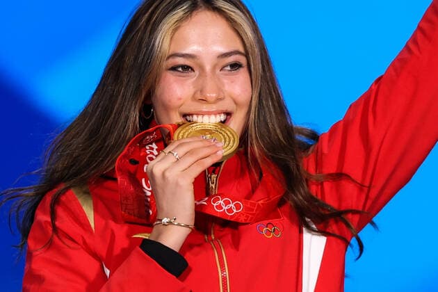 BEIJING, CHINA - FEBRUARY 08: Gold medallist Ailing Eileen Gu of Team China poses with her medal during the Women s Freestyle Skiing Freeski Big Air medal ceremony on Day 4 of the Beijing 2022 Winter Olympic Games, Olympische Spiele, Olympia, OS at Beijing Medal Plaza on February 8, 2022 in Beijing, China.  Copyright: xVCGx CFP111368334311 