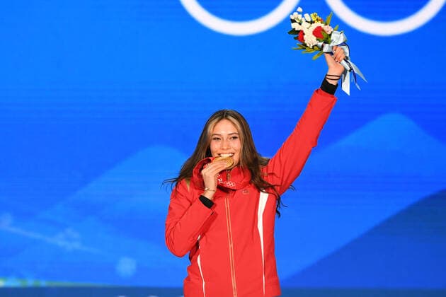 BEIJING, CHINA - FEBRUARY 08: Gold medallist Ailing Eileen Gu of Team China poses with her medal during the Women s Freestyle Skiing Freeski Big Air medal ceremony on Day 4 of the Beijing 2022 Winter Olympic Games, Olympische Spiele, Olympia, OS at Beijing Medal Plaza on February 8, 2022 in Beijing, China.  Copyright: xVCGx CFP111368329518 