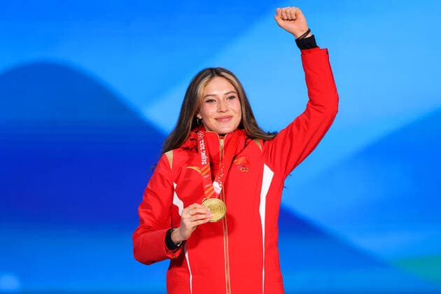 BEIJING, CHINA - FEBRUARY 08: Gold medallist Ailing Eileen Gu of Team China poses with her medal during the Women s Freestyle Skiing Freeski Big Air medal ceremony on Day 4 of the Beijing 2022 Winter Olympic Games, Olympische Spiele, Olympia, OS at Beijing Medal Plaza on February 8, 2022 in Beijing, China.  Copyright: xVCGx CFP111368320602 