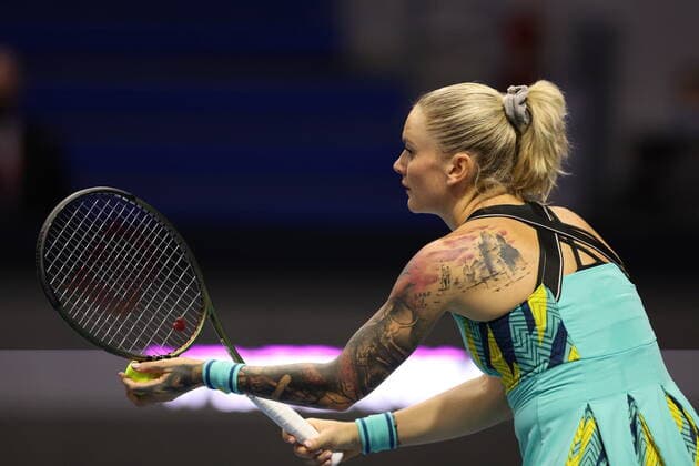 Saint Petersburg, Russia - 08 february 2022: Vera Zvonareva of Russia play against Tereza Martincova of Czech Republic during the St.Petersburg Ladies Trophy 2022 tennis tournament. Tereza Martincova MaksimxKonstantinov