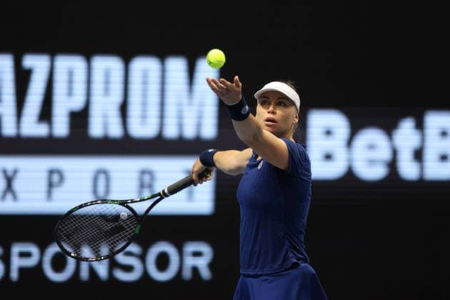 Saint Petersburg, Russia - 08 february 2022: Vera Zvonareva of Russia play against Tereza Martincova of Czech Republic during the St.Petersburg Ladies Trophy 2022 tennis tournament. Vera Zvonareva MaksimxKonstantinov