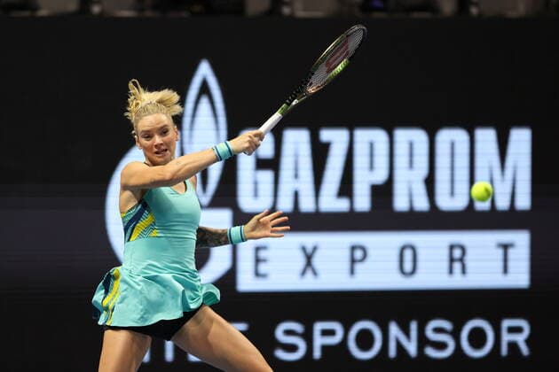 Saint Petersburg, Russia - 08 february 2022: Vera Zvonareva of Russia play against Tereza Martincova of Czech Republic during the St.Petersburg Ladies Trophy 2022 tennis tournament. Tereza Martincova MaksimxKonstantinov