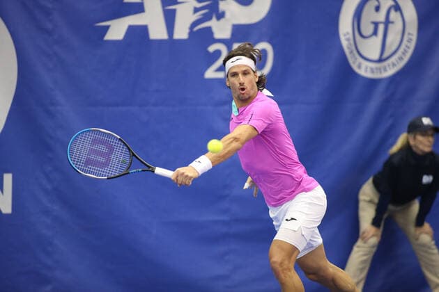 DALLAS, TX - FEBRUARY 08: Feliciano Lopez (ESP) hits a backhand during the Dallas Open on February 8, 2022 at the Styslinger Altec Tennis Complex in Dallas, TX. (Photo by George Walker Icon Sportswire) TENNIS: FEB 08 Dallas Open Icon22020813