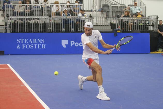 DALLAS, TX - FEBRUARY 08: Maxime Cressy (USA) hits a backhand during the Dallas Open on February 8, 2022 at the Styslinger Altec Tennis Complex in Dallas, TX. (Photo by George Walker Icon Sportswire) TENNIS: FEB 08 Dallas Open Icon22020819